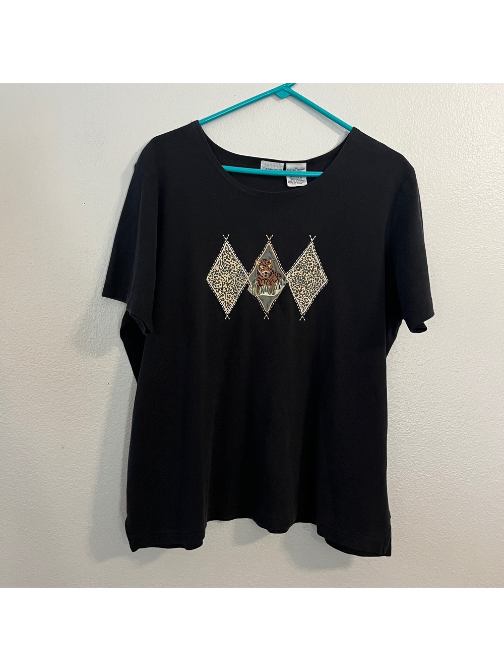 Vintage Cabin Creek Tiger T Shirt 1X Black Leopard Applique Embroidered Y2K